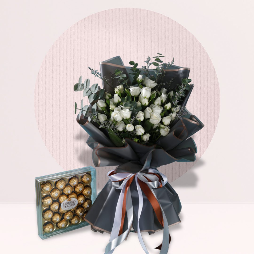 1 White spray rose bouquet with Ferrero Rocher chocolates