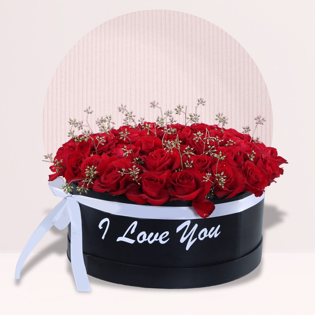 1 (28) 80 red roses in black I Love You flower box with white ribbon