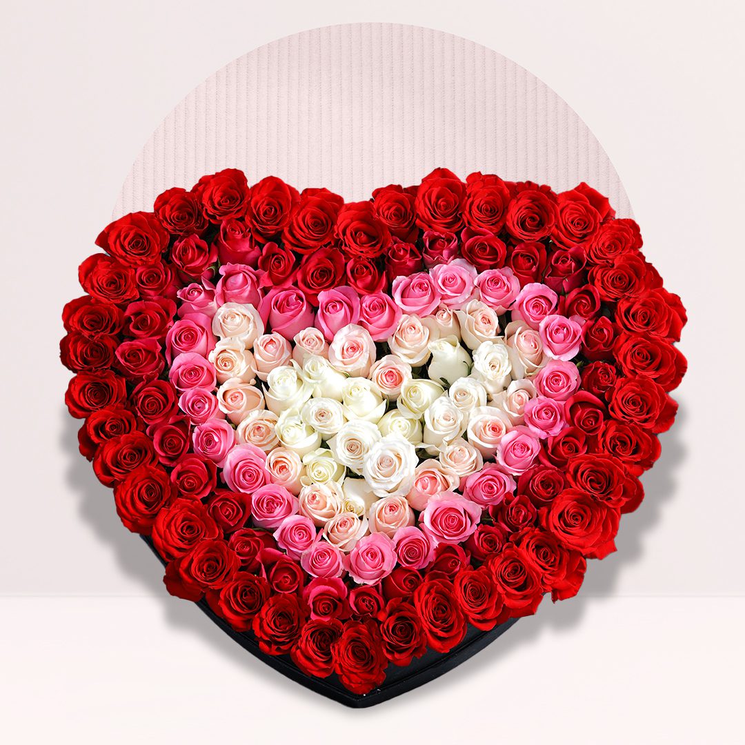 1 125 red pink and white roses arranged in a romantic heart-shaped flower box
