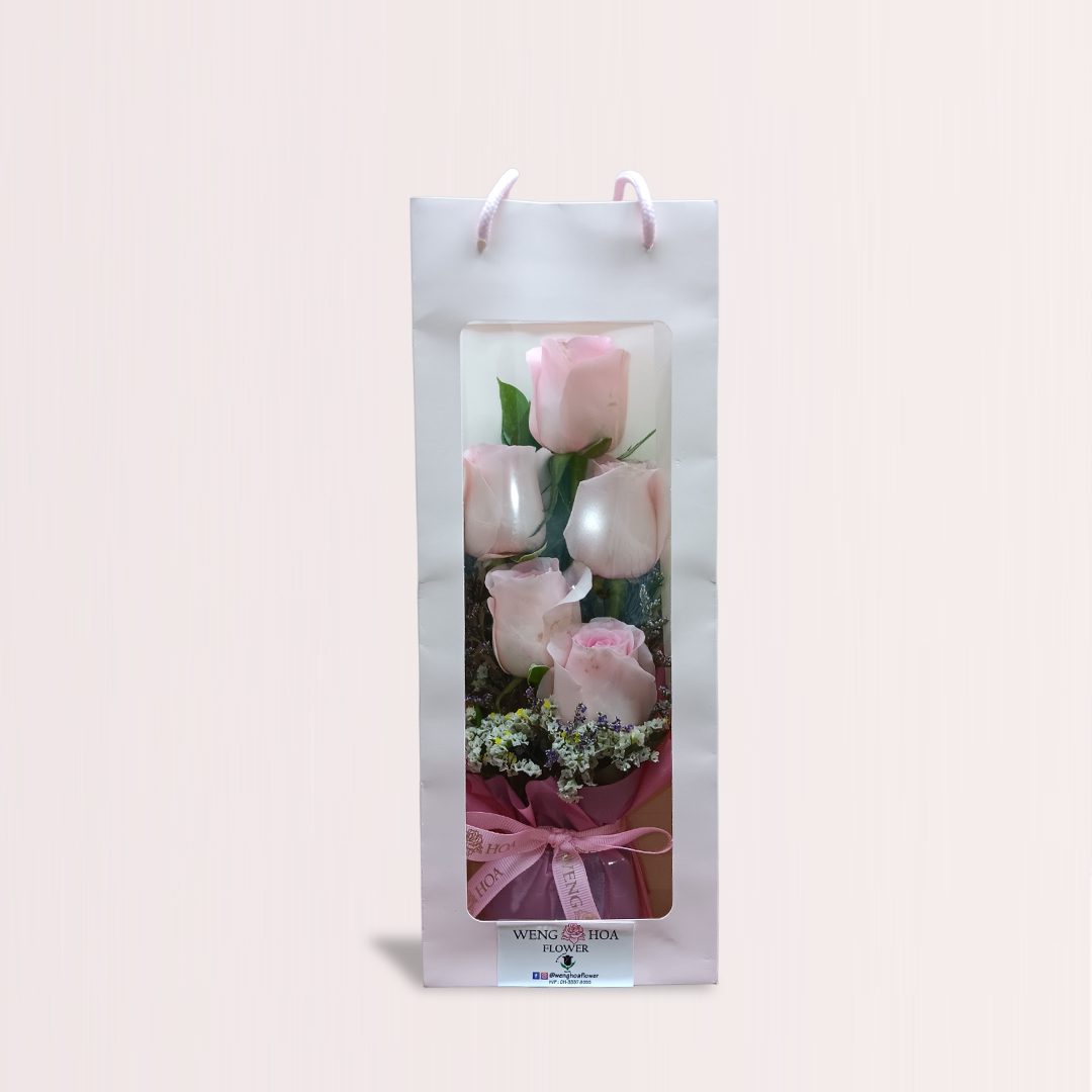 2 Soft pink rose arrangement in tall window flower box with ribbon