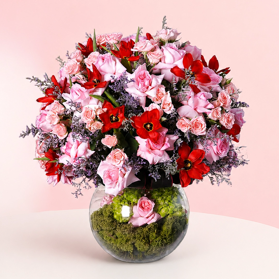 love-in-full-bloom-vase_2026 : Round vase of roses, spray roses, tulips and hydrangeas.