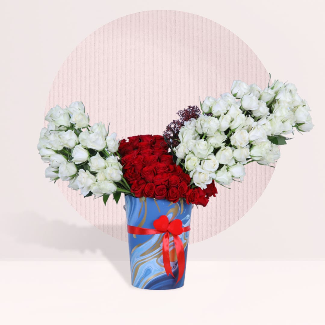 1 120 red and white roses arranged in a bold decorative flower box