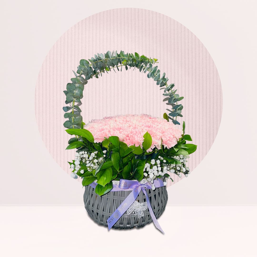 1 (30) 50 pink carnations basket with baby’s breath, eucalyptus and fresh greenery