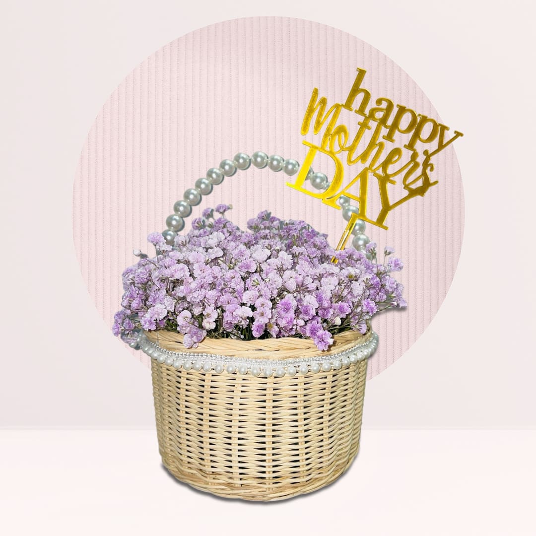 1 (32) Lavender baby’s breath flower basket with Happy Mother’s Day topper