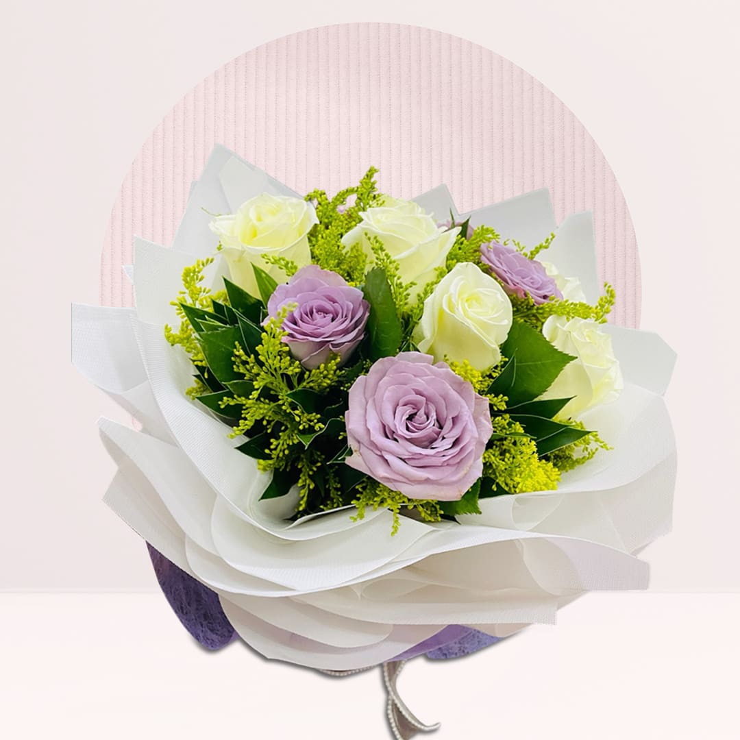 1 (120) Lilac and white rose bouquet with fresh greenery and elegant white wrapping