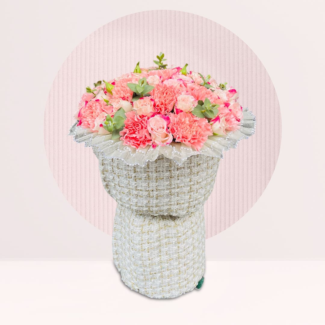 1 (125) Pink carnation and rose bouquet with eucalyptus in elegant white wrapping