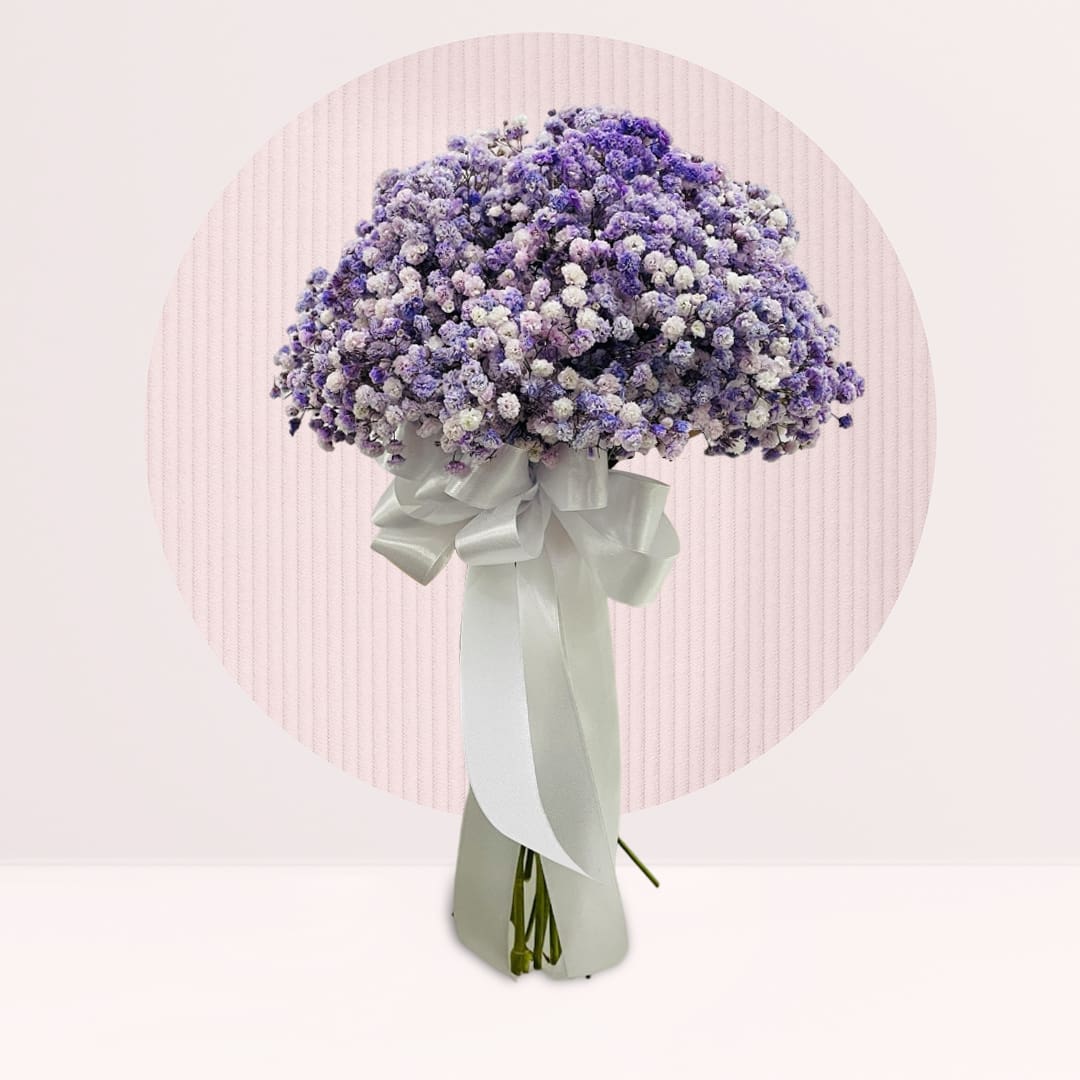 1 (65) Lavender and white baby’s breath bouquet with elegant ribbon wrapping