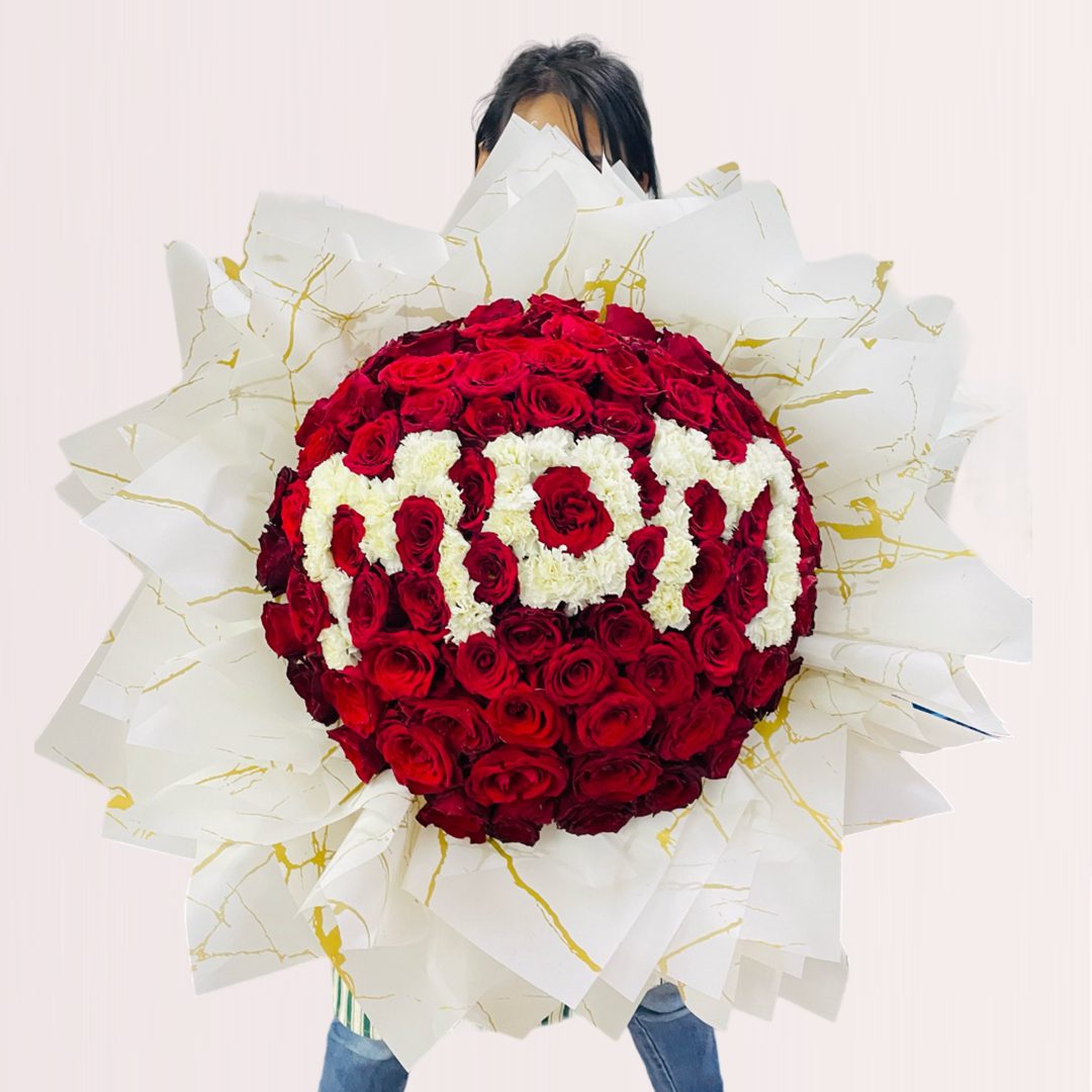 2 (138) 100 red rose carnation Mom bouquet with white carnation lettering and white gold wrapping