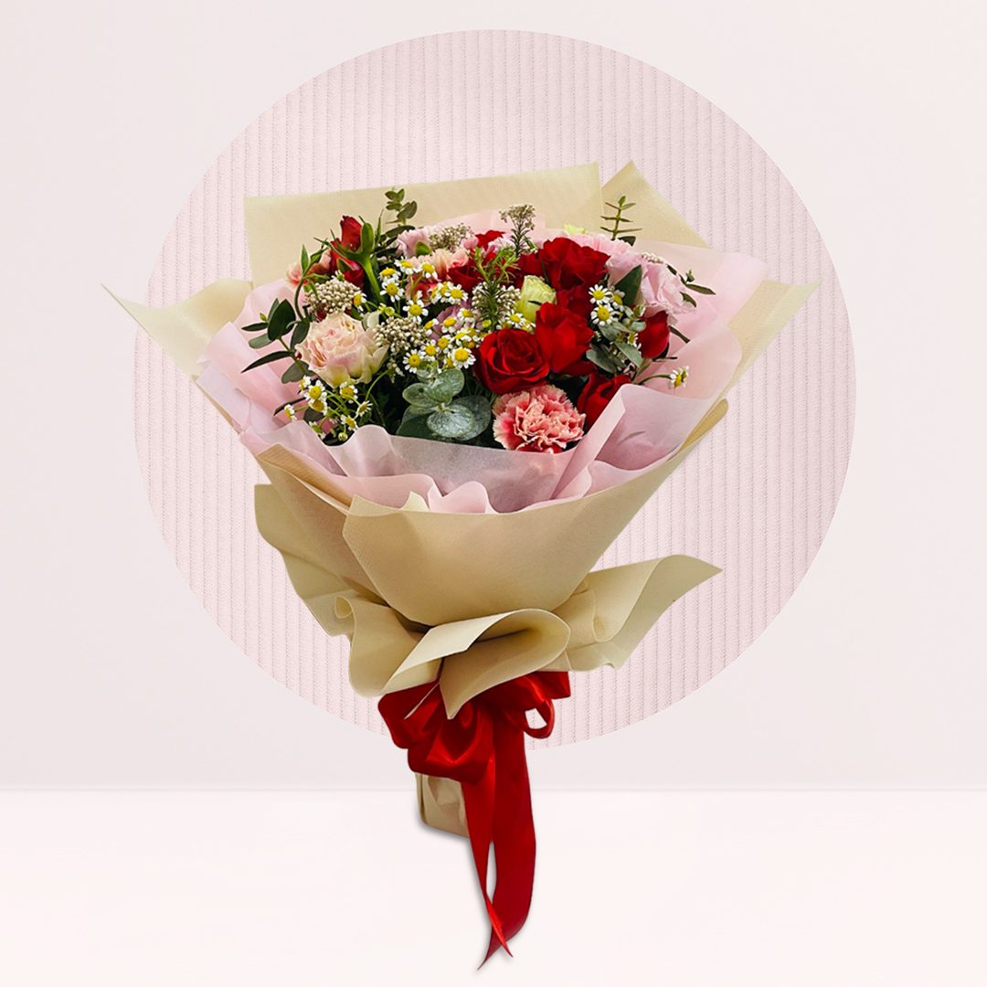 1 (138) Red carnation spray rose bouquet with daisy flowers, eucalyptus and seasonal greens