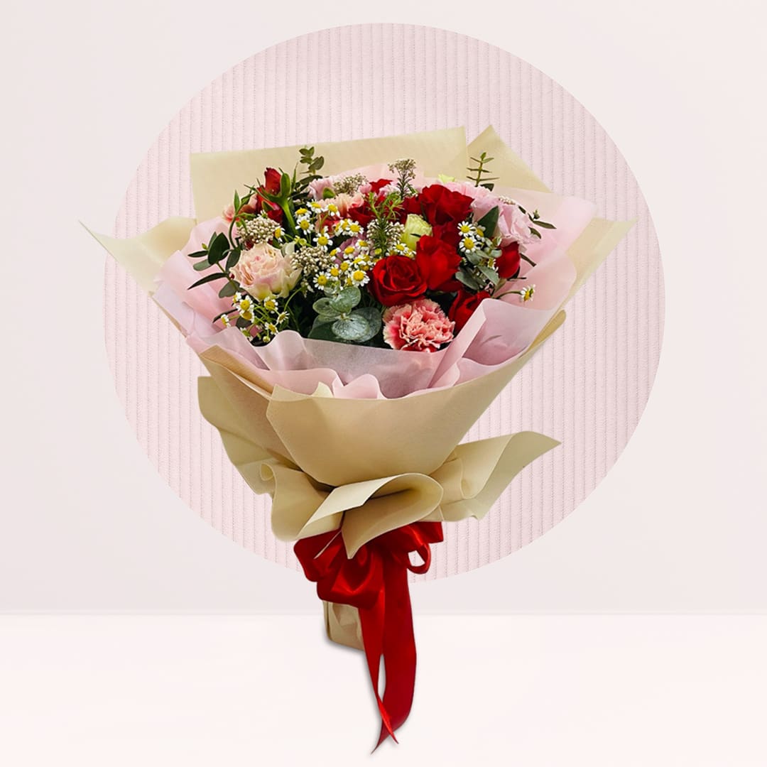 1 (138) Red carnation spray rose bouquet with daisy flowers, eucalyptus and seasonal greens