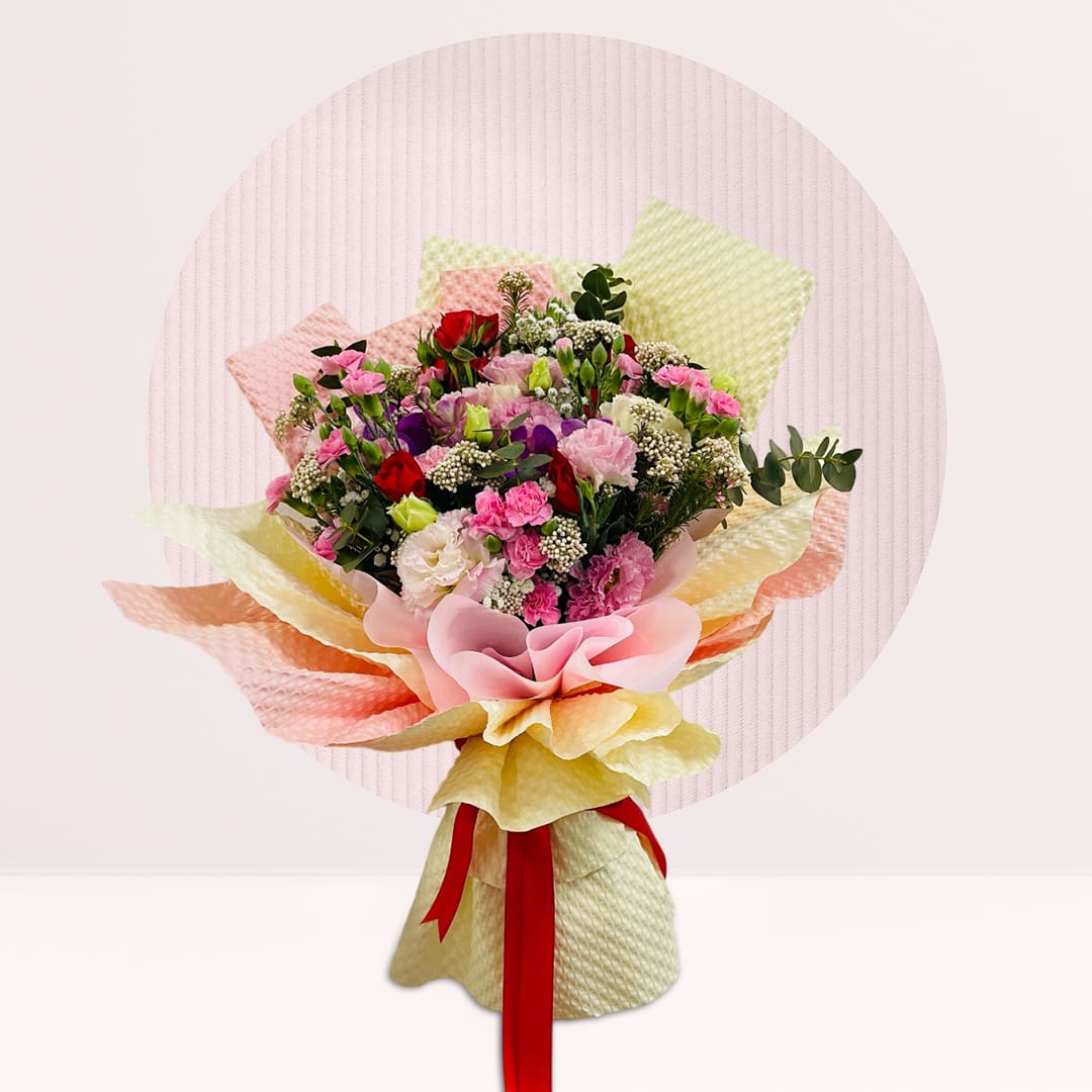 1 (150) Pink red carnation eustoma bouquet with spray roses and seasonal greenery