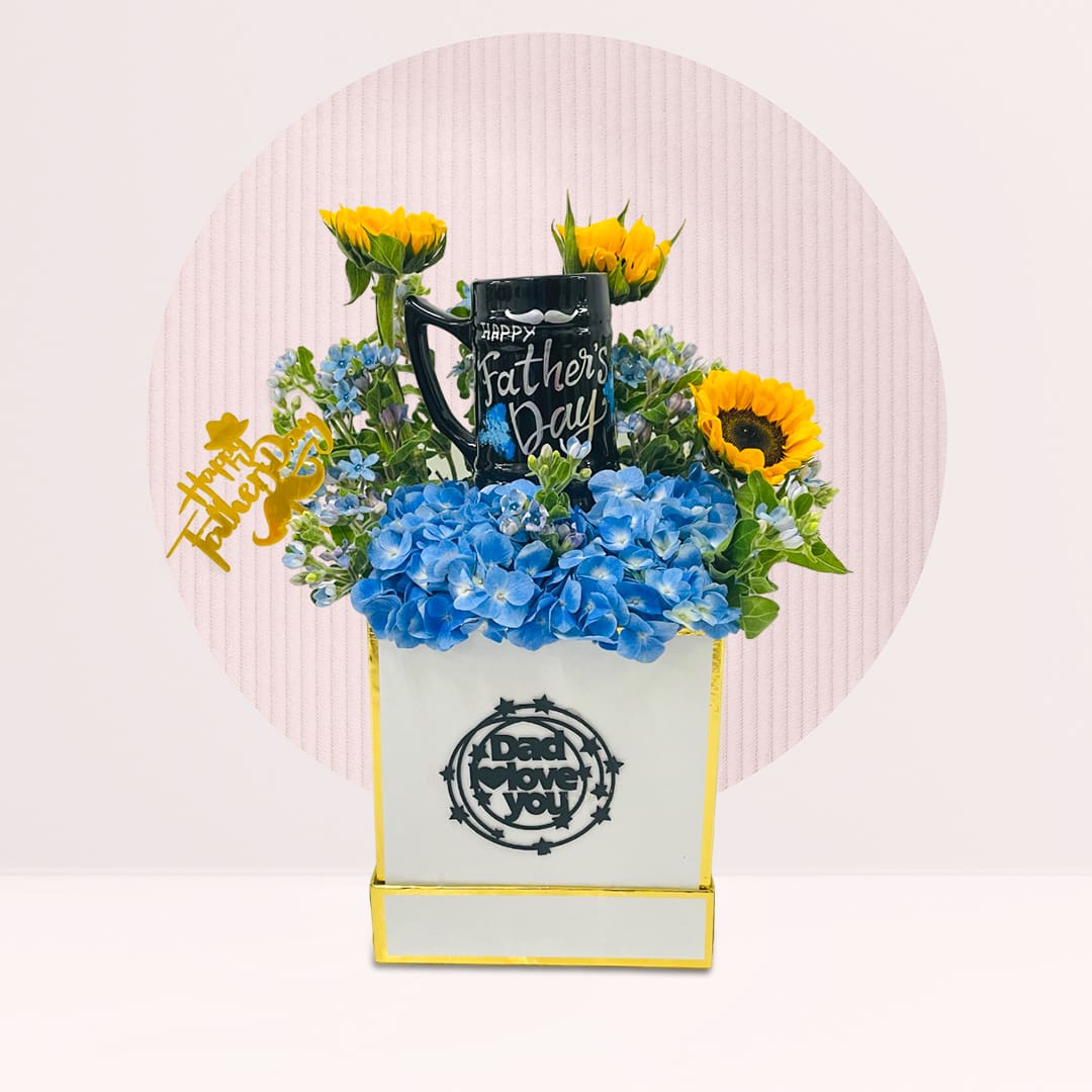1 (211) Dad’s Blue Hydrangea Box with blue hydrangea, roses, seasonal greens and Father’s Day mug.