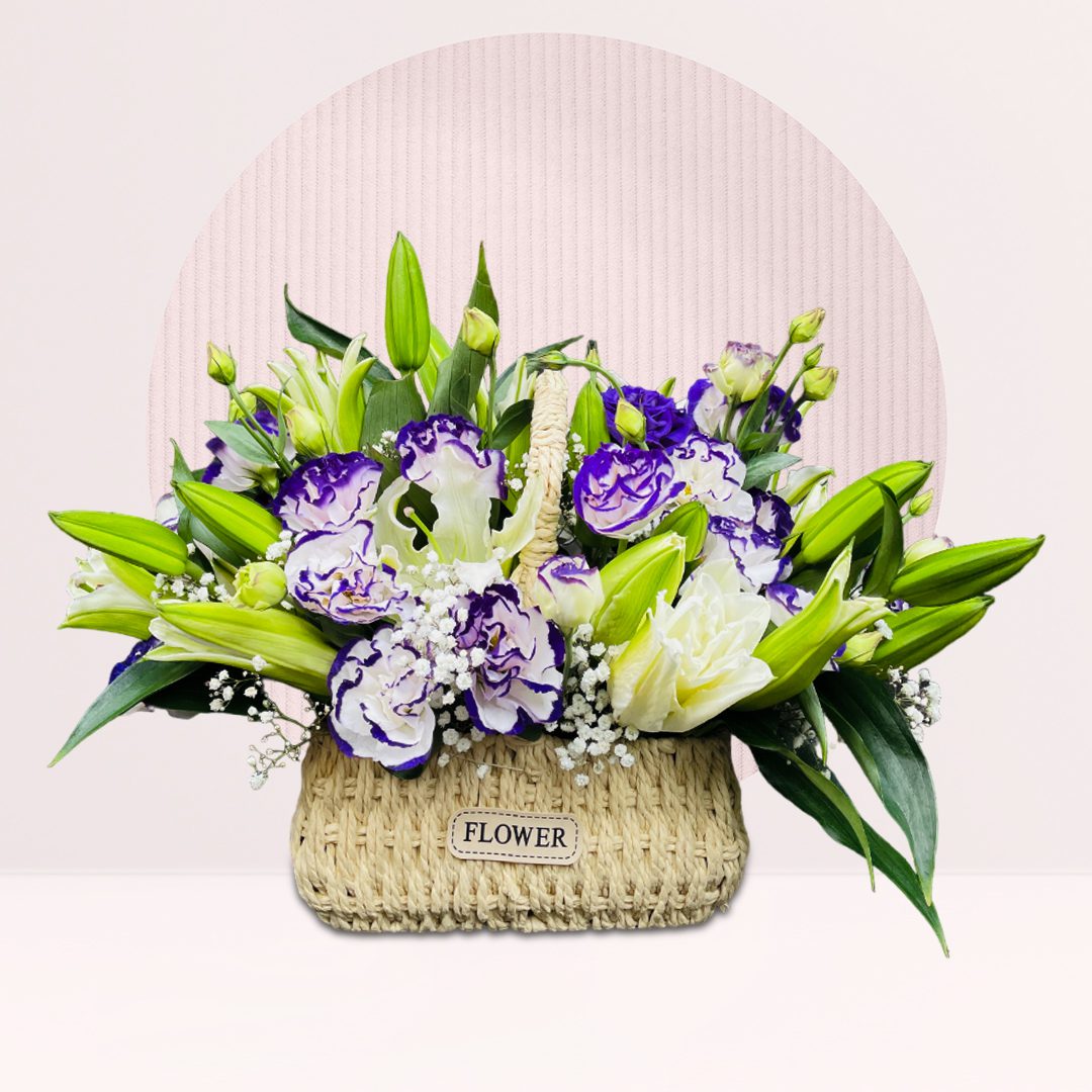 1 (304) Purple eustoma and white lily flower basket with baby’s breath and fresh greenery