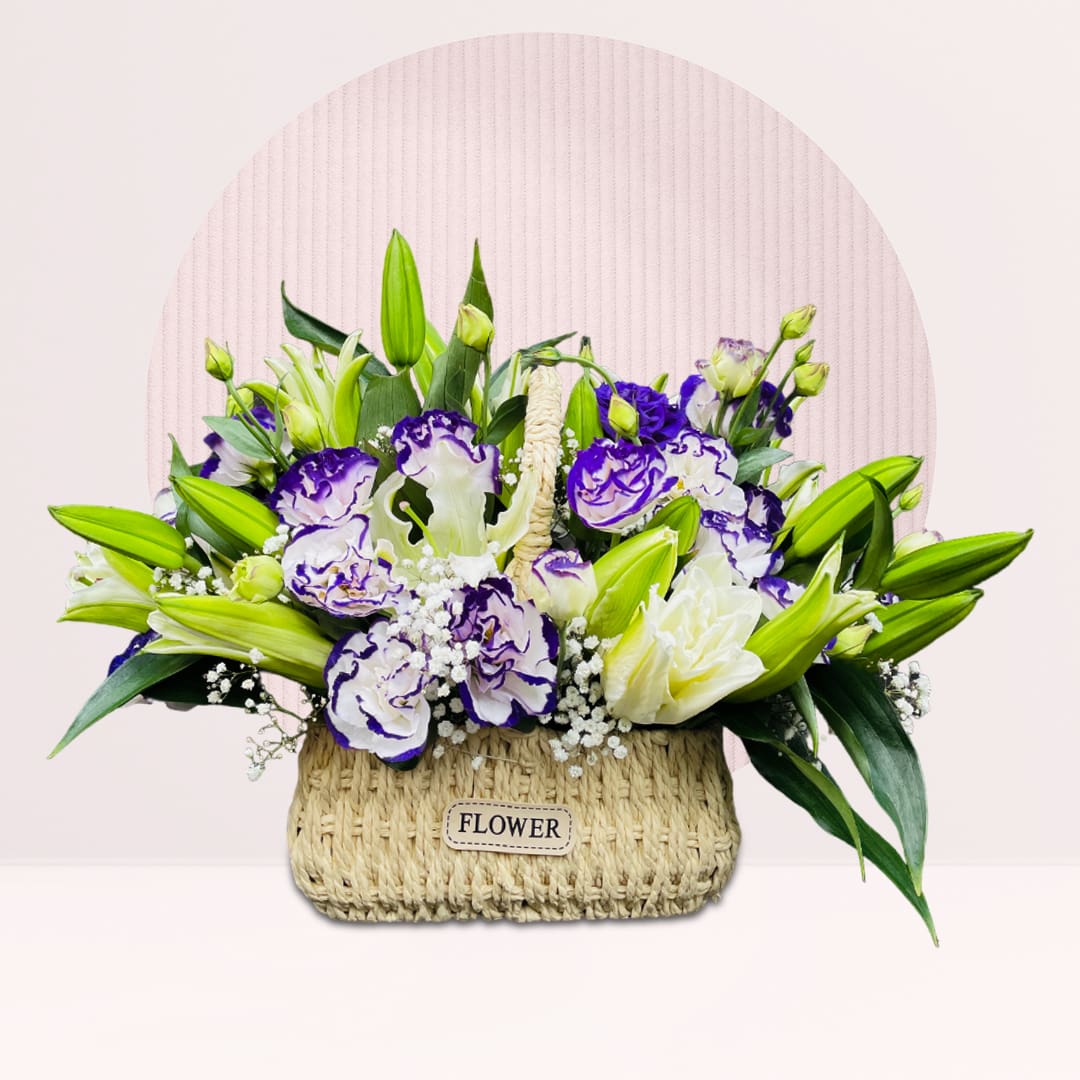 1 (304) Purple eustoma and white lily flower basket with baby’s breath and fresh greenery