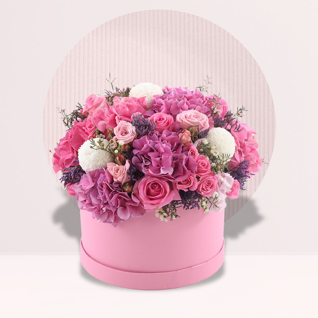 Combination of Pink Roses, Hydrangea, White Ping Pong, Light Pink Spray Rose, Dry Lavender.