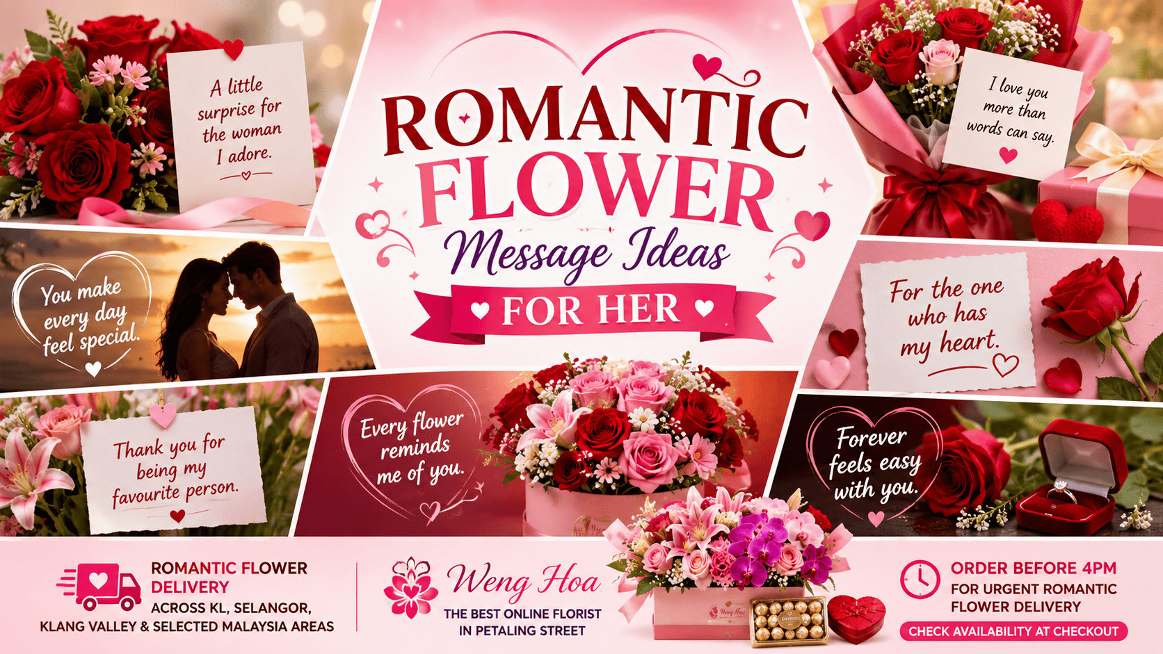 Romantic bouquet of red and pink flowers with a heartfelt love message card, expressing affection, appreciation, and romance for her