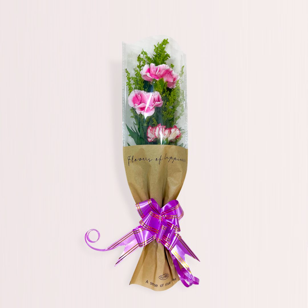 1 Pink and white carnation bouquet with greenery and kraft paper wrapping