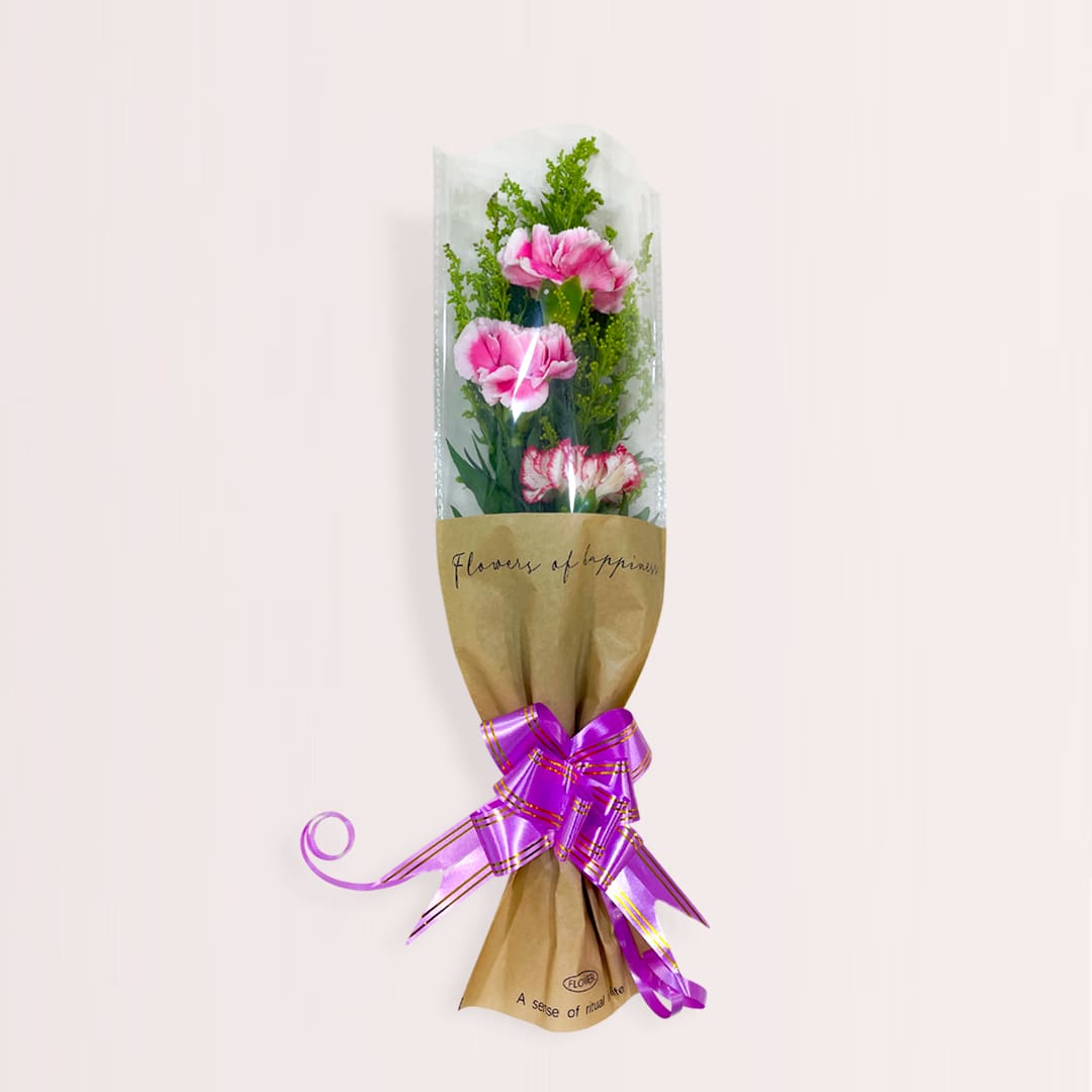 1 Pink and white carnation bouquet with greenery and kraft paper wrapping