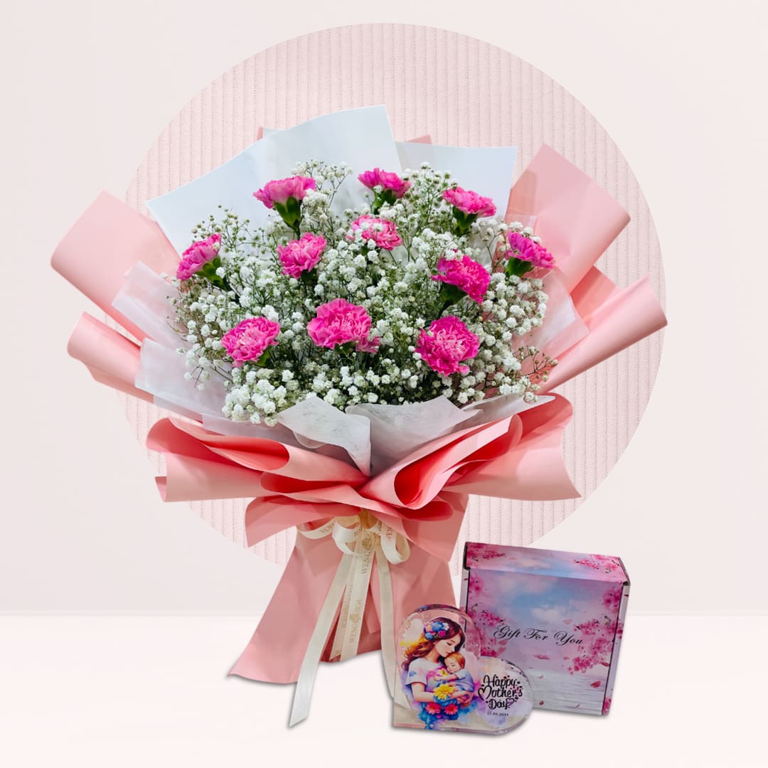 1 117 11 pink carnation bouquet for Mom with baby’s breath and gift set