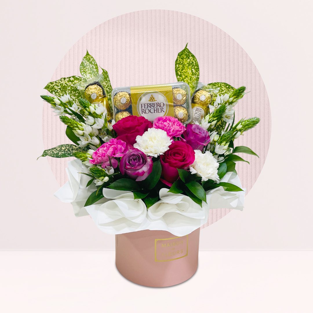 1 119 Pink and purple rose carnation flower box with Ferrero Rocher chocolates