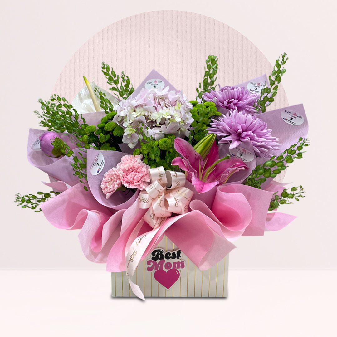 1 130 Pink carnation lily Mom flower box with hydrangea, peony and mums