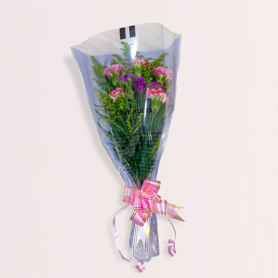 1 Pink and white carnation bouquet with purple filler flowers and greenery