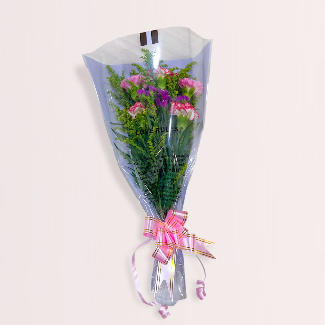 1 Pink and white carnation bouquet with purple filler flowers and greenery