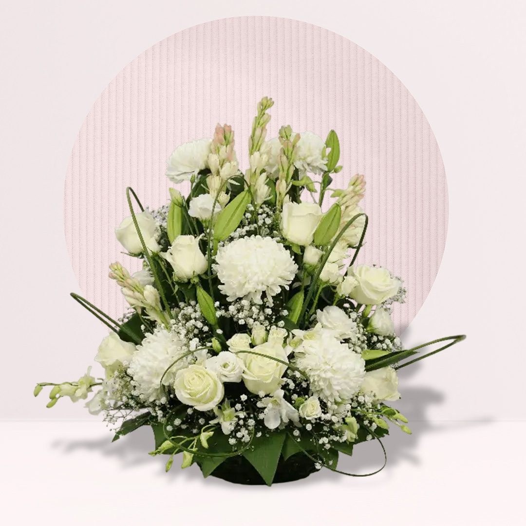 Tuberose 5, Lily 2, Roses 8, Chrysanthemum 5, Den White 5, Baby Breath 4, Roses Spray 3, Greenery Seasonal.