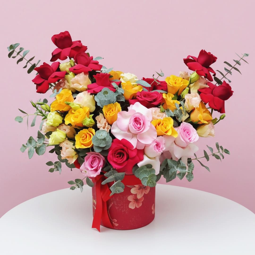 01 Mixed roses - red, pink, and yellow roses with eucalyptus in a red hatbox.
