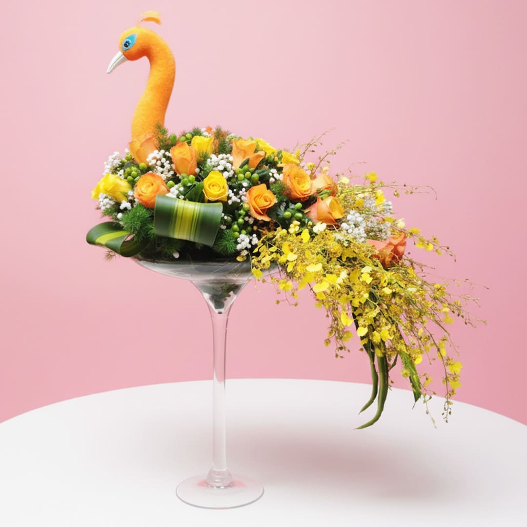 01 Mix of orange roses and orchids styled like a golden peacock