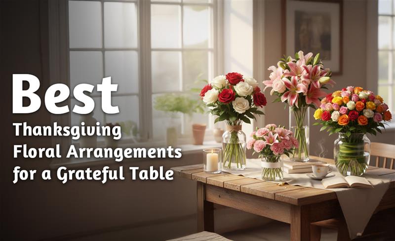 Elegant Thanksgiving floral arrangement with autumn blooms and warm tones, creating a grateful and festive table setting