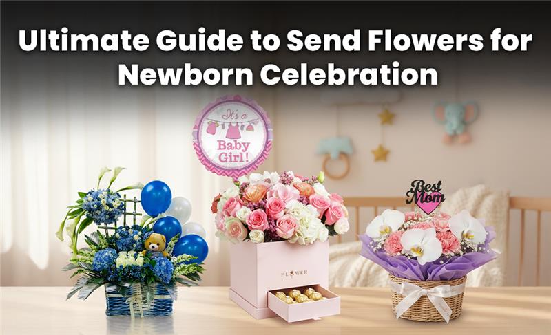 Beautiful bouquet of pastel flowers arranged in a gift box, perfect for celebrating the arrival of a newborn baby — includes roses, lilies, and baby’s breath tied with a soft ribbon.