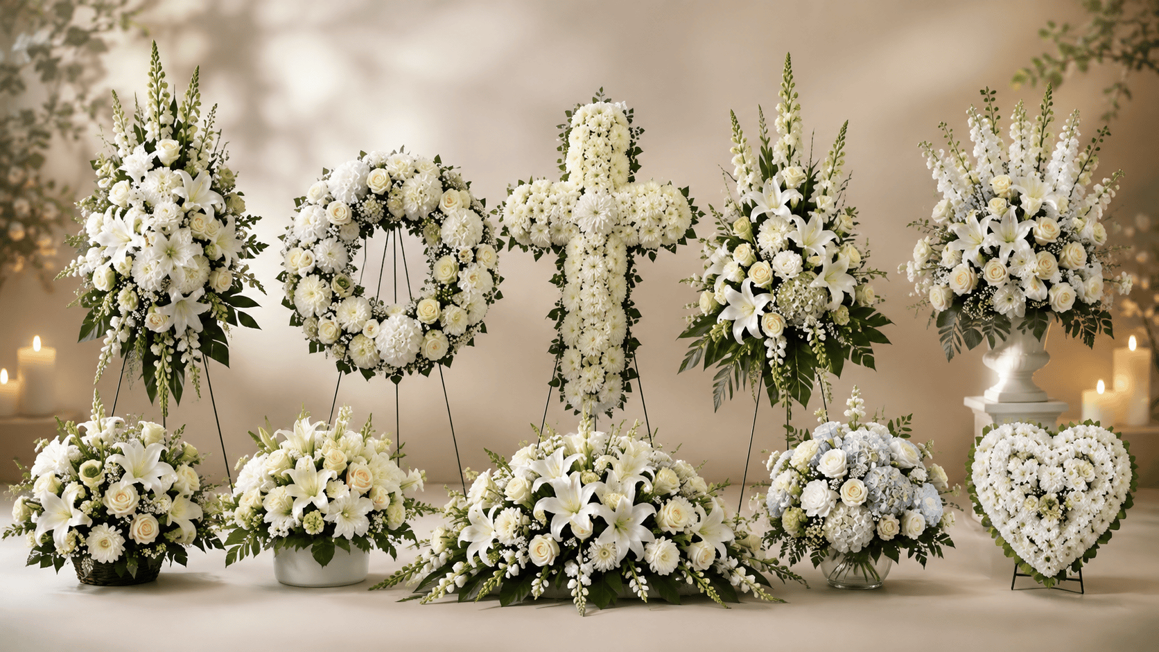 Funeral flower arrangements featuring white roses, lilies, chrysanthemums, and greenery, including standing sprays, wreaths, a floral cross, baskets, and a heart-shaped sympathy arrangement.