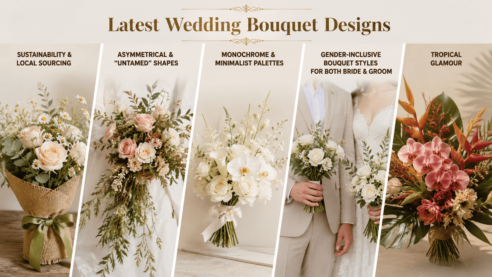 Five modern wedding bouquet styles featuring sustainable, asymmetrical, minimalist white, matching bride-and-groom, and tropical floral arrangements on a soft neutral background.