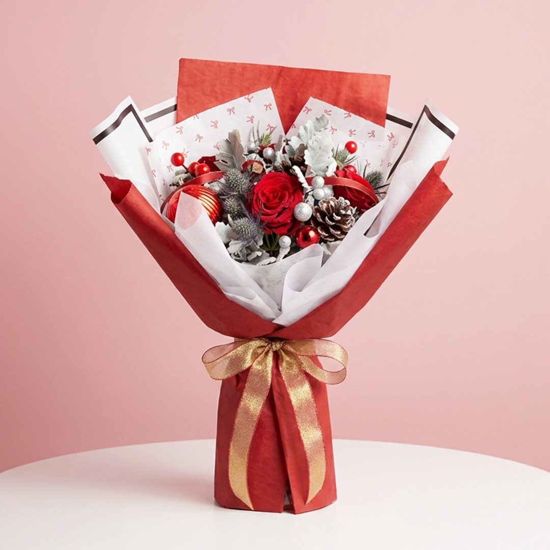 01 Christmas hand bouquet with red roses, berries, frosted leaves, silver ornaments in red-and-white wrapping.
