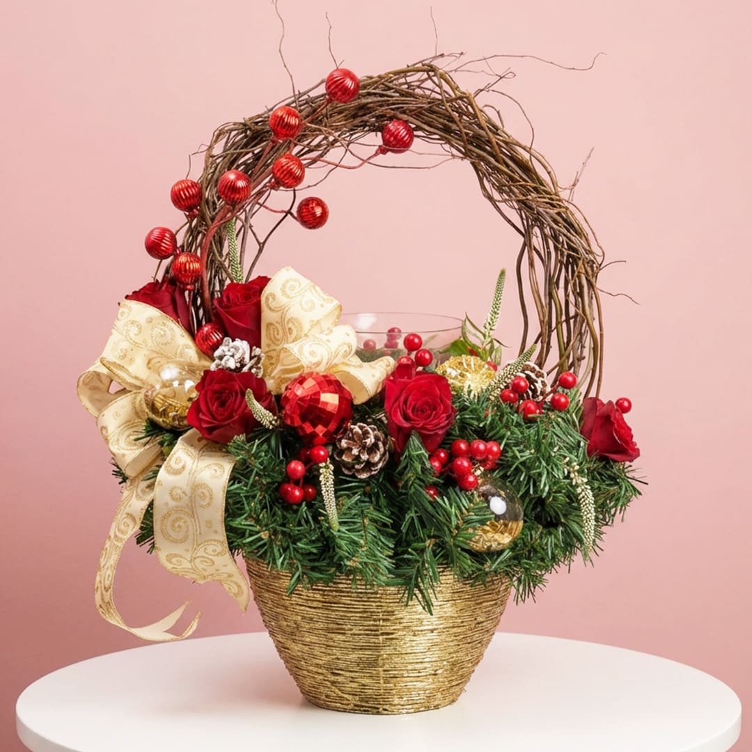 01 Christmas ring basket with red roses, pine cones, gold ribbon, red ornaments, and festive greenery.