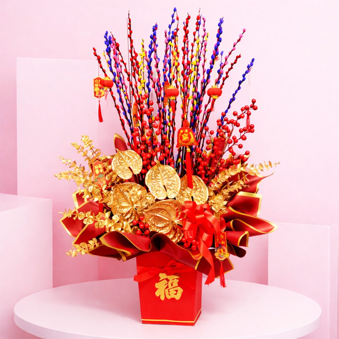 Prosperity flower Box with Lucky stems, red berry accents, and gold foliage in a red Chinese New Year box arrangement, finished with hanging CNY ornaments