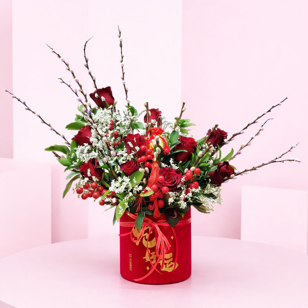 01 Red Rose CNY Box with lucky willow stems, berry accents and fresh greens.