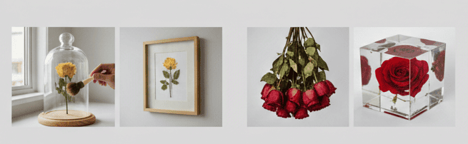 Preserved roses kept in a glass frame and protected from dust and moisture.