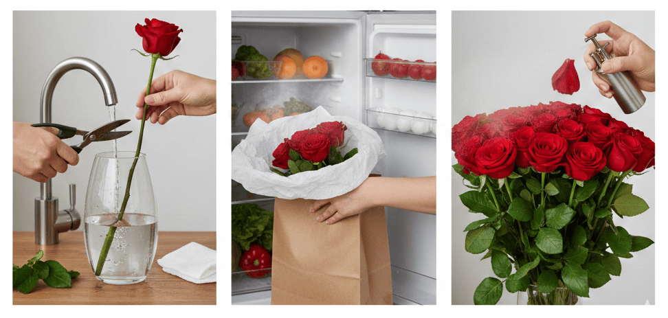 Rose stems being cut at an angle and placed in cool water for short-term preservation."