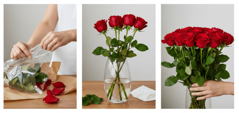 Rose stems being cut at an angle and placed in cool water for short-term preservation."