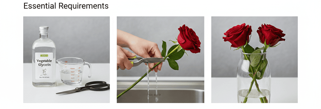 Red roses in a glass container filled with glycerine solution to maintain their natural look