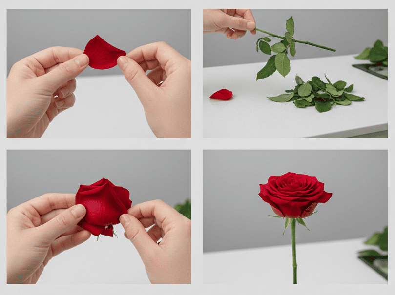 Cleaning a rose by carefully removing extra leaves and petals before preservation.