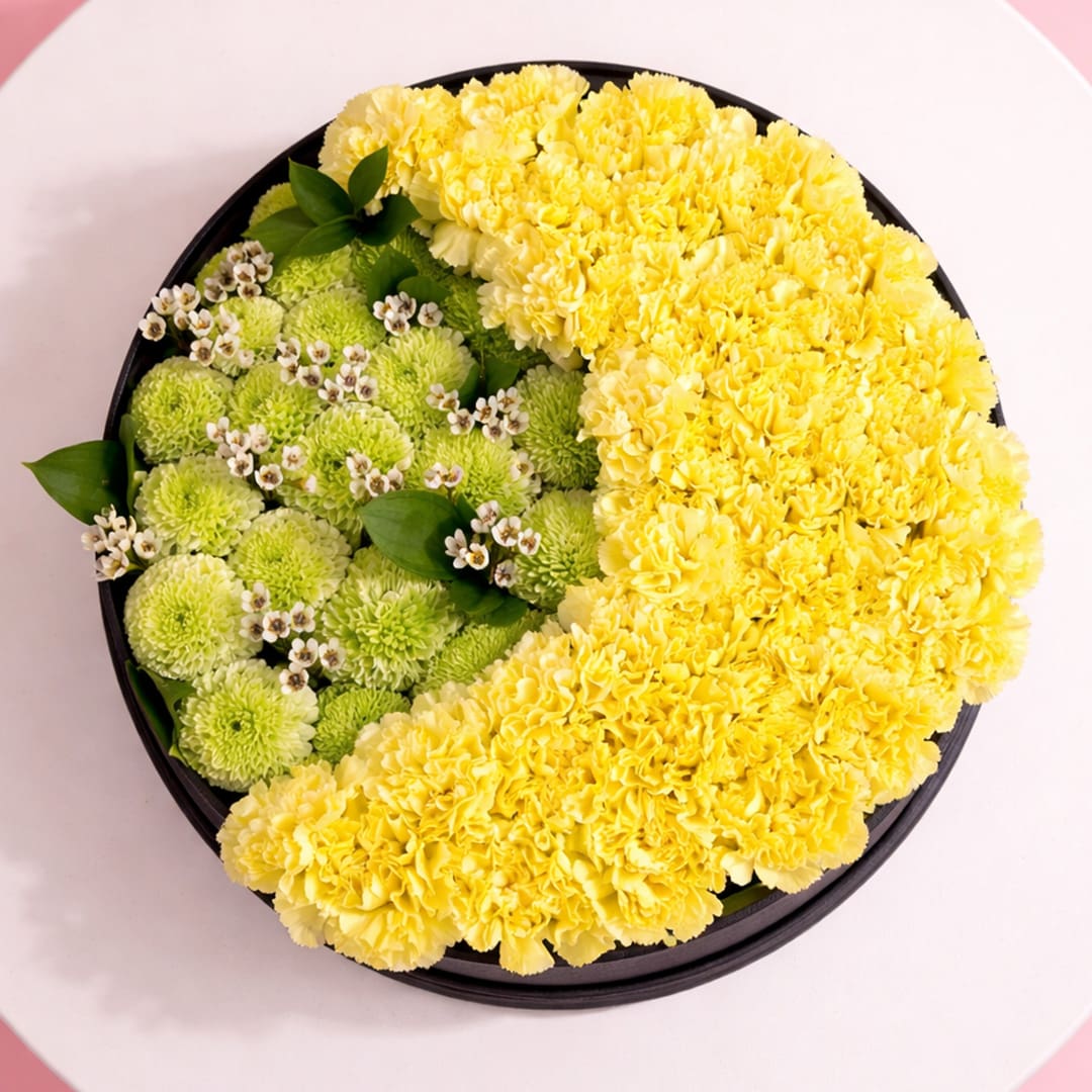 02 Yellow Carnation & Green Ping Pong Box Black, delicate wax flowers, styled with lush greenery for a vibrant and cheerful look