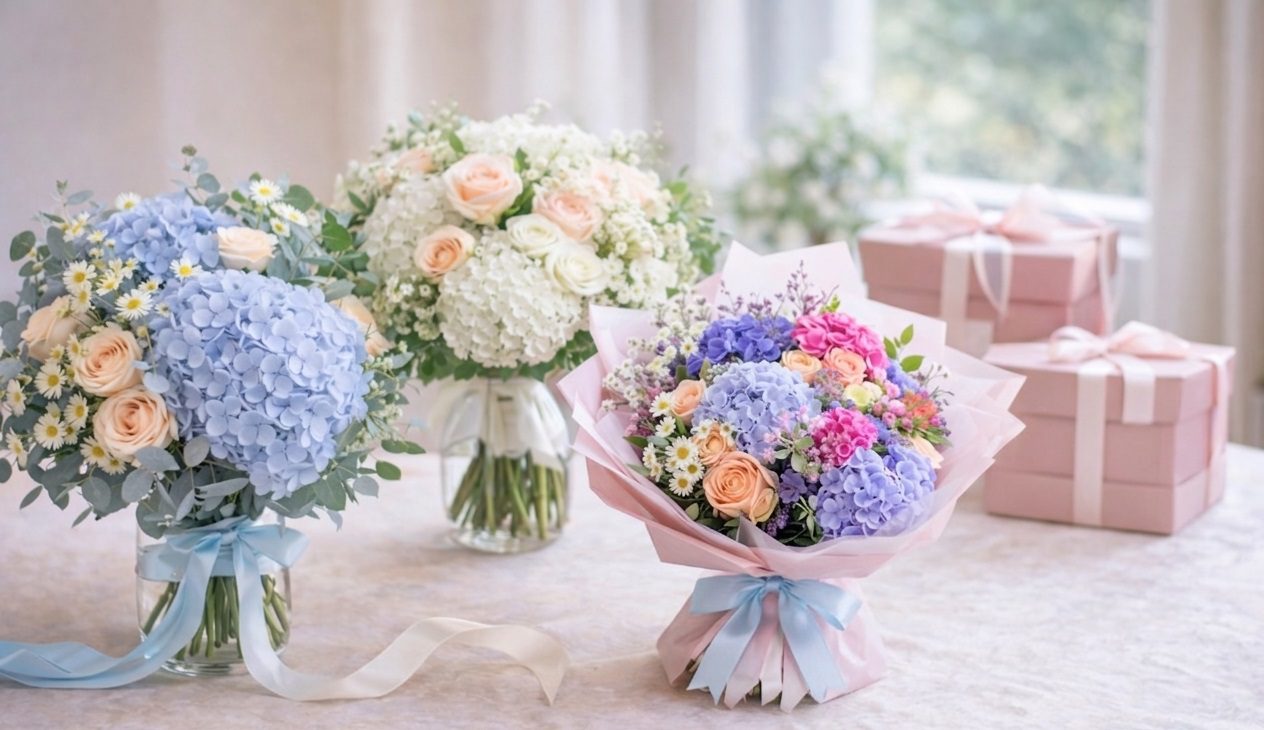 Three colorful bouquets of flowers arranged on a wooden table, showcasing a variety of blooms and greenery.