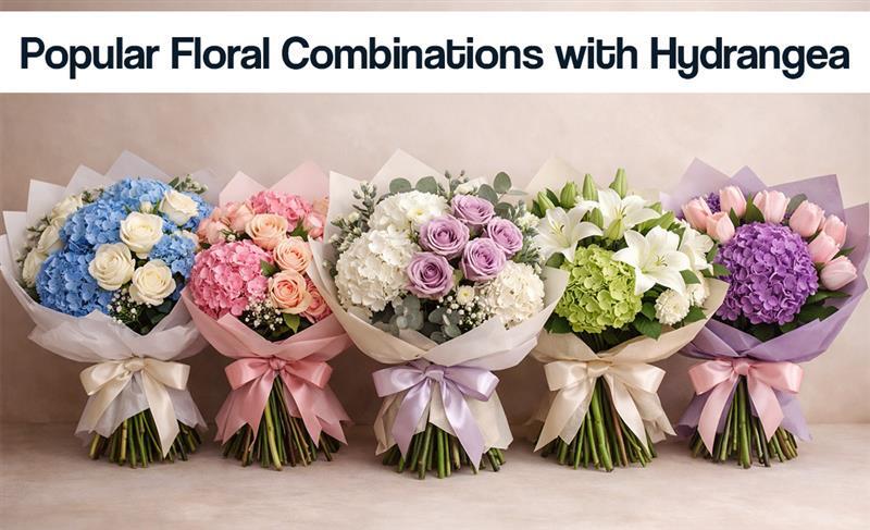 A vibrant display of popular floral combinations featuring hydrangeas alongside various complementary flowers