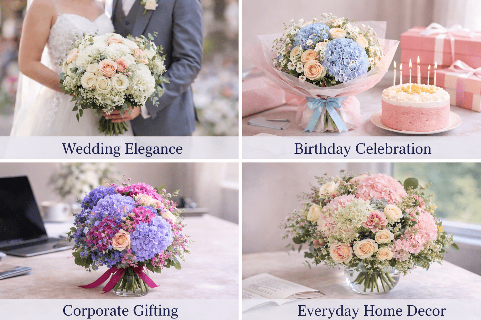 Four distinct wedding bouquets featuring various flowers and styles, showcasing elegance and diversity for bridal choices.