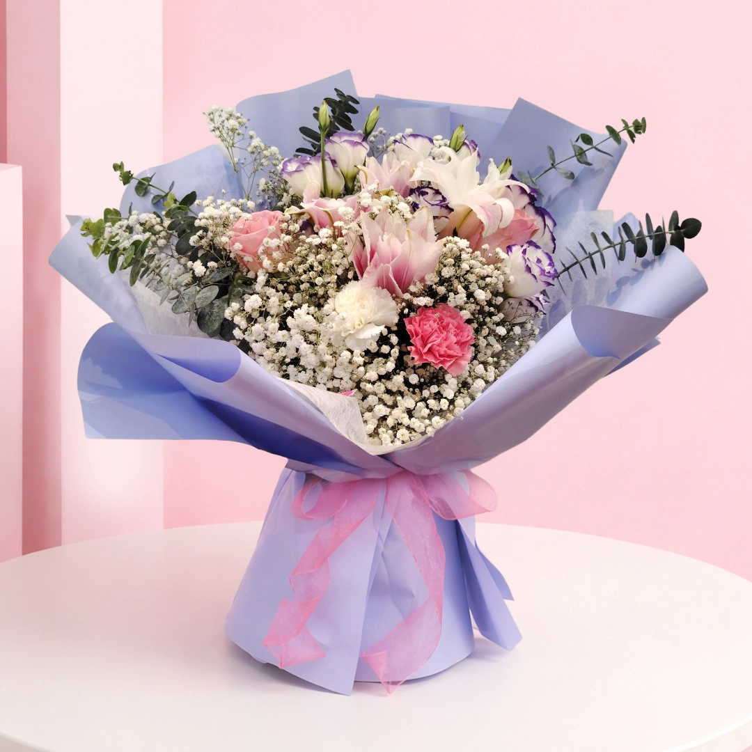 01 Mom's pink carnation and eustoma bouquet with lily, baby’s breath and greenery