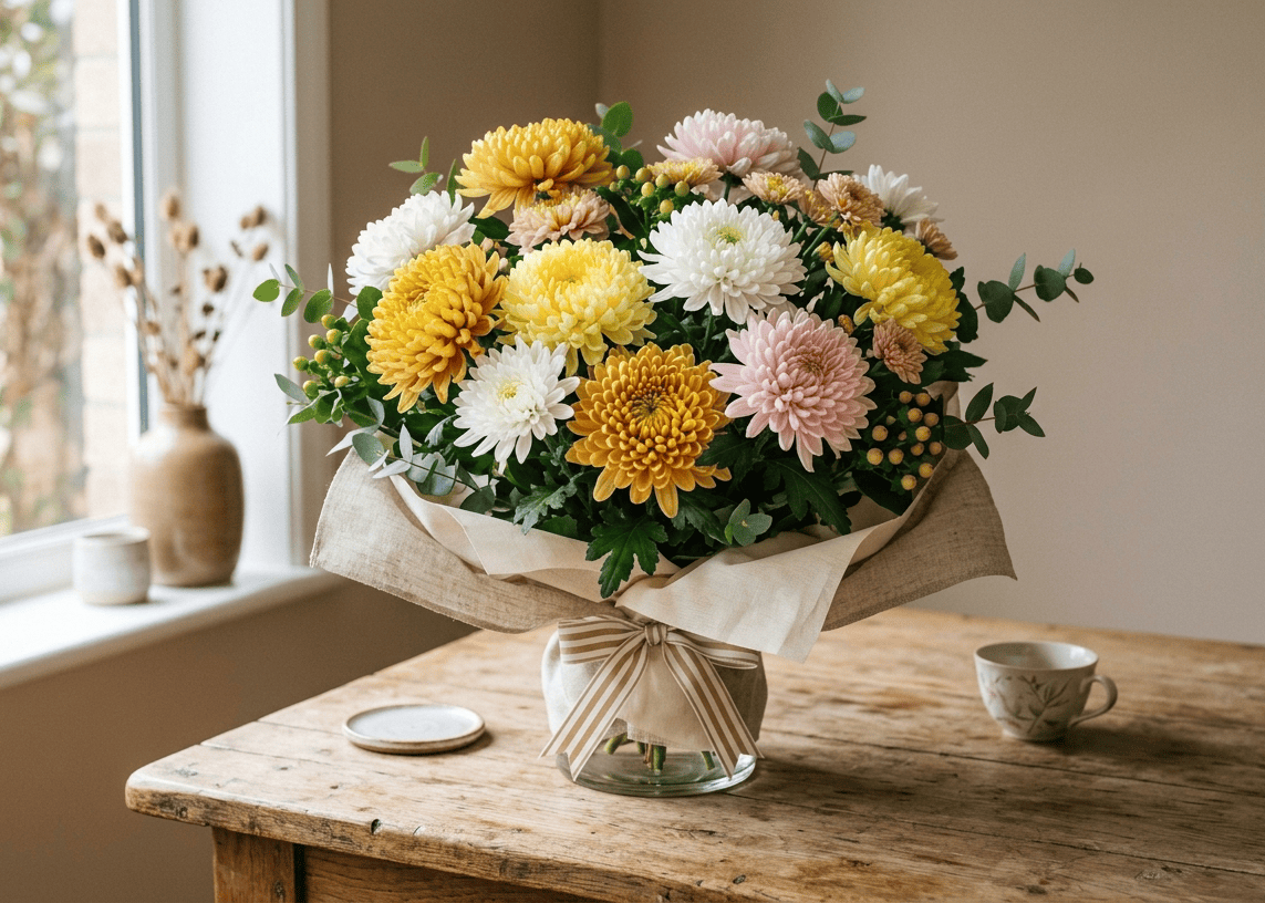 Beautiful chrysanthemum flower arrangement for birthdays, featuring fresh, vibrant blooms symbolizing happiness, longevity, and positivity, elegantly styled to create a cheerful and meaningful gift presentation