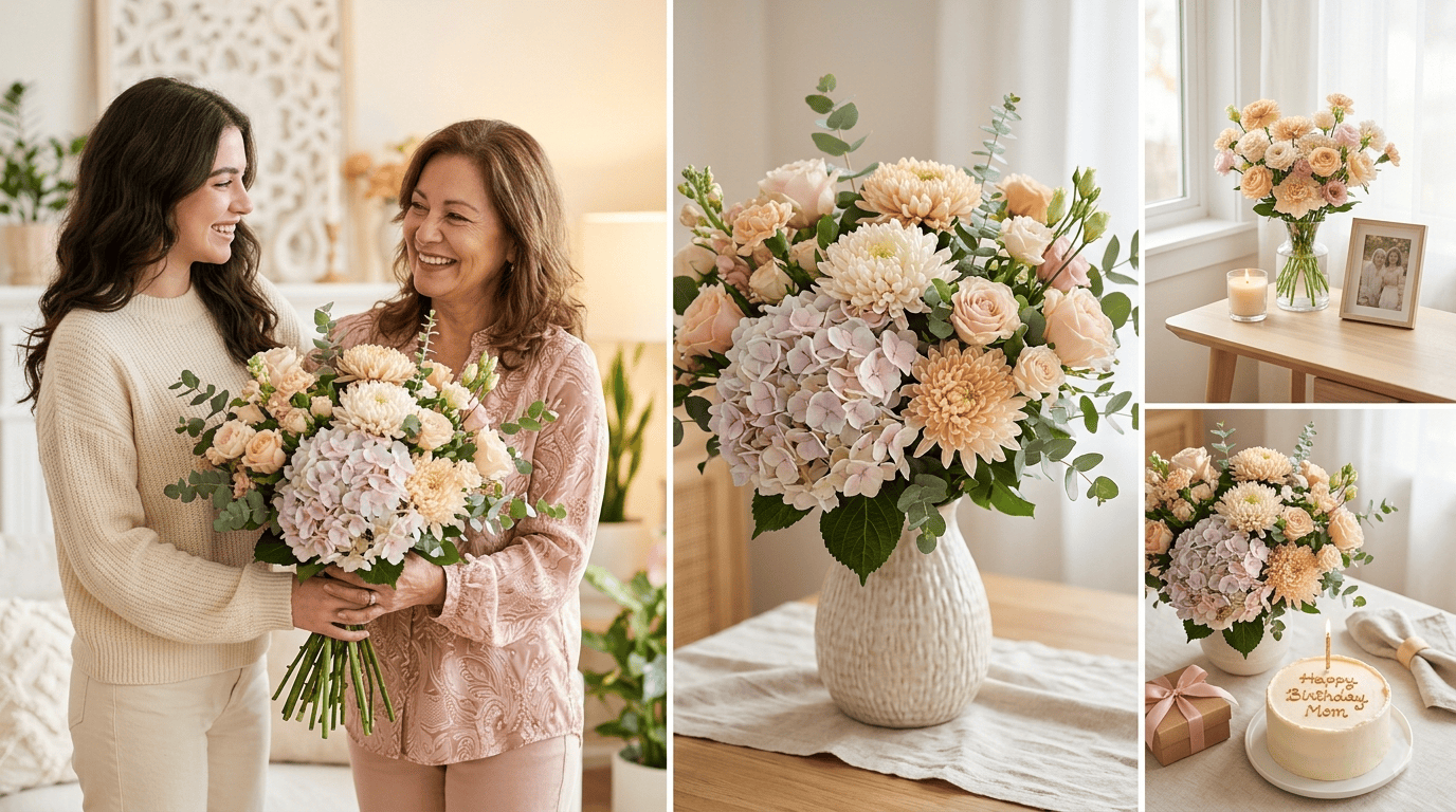 Elegant birthday flower arrangement for mom, featuring soft pastel blooms like lilies and carnations, beautifully styled to express love, gratitude, and warmth in a heartfelt celebration setting